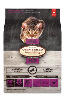 Nourriture sans grains pour chat au canard, hypoallergénique et lentement cuite au four – Oven-Baked Tradition.
