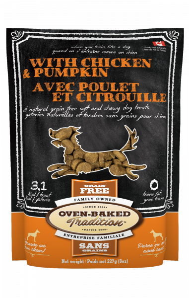 Sac de gâteries naturelles et tendres pour chiens – poulet et citrouille Oven-Baked Tradition / Bag of natural soft and chewy dog treats – chicken and pumpkin Oven-Baked Tradition