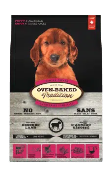 Bag of Oven-Baked Tradition all breed puppy food with lamb. Chicken-free formula, oven baked and made in Canada to support healthy growth and easy digestion.