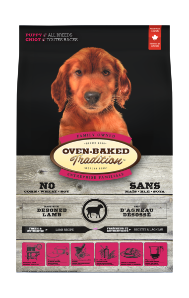 Bag of Oven-Baked Tradition all breed puppy food with lamb. Chicken-free formula, oven baked and made in Canada to support healthy growth and easy digestion.