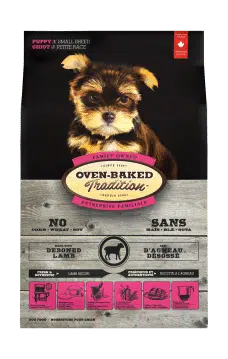 Small breed puppy food with lamb, promoting healthy growth and easy digestion. Oven baked and made in Canada with quality ingredients.