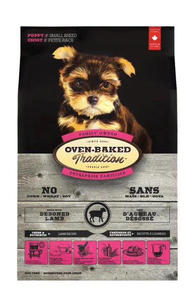Small breed puppy food with lamb, promoting healthy growth and easy digestion. Oven baked and made in Canada with quality ingredients.