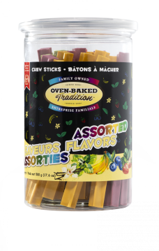 All natural chew sticks 500 g for dogs, assorted flavors including banana, help clean teeth