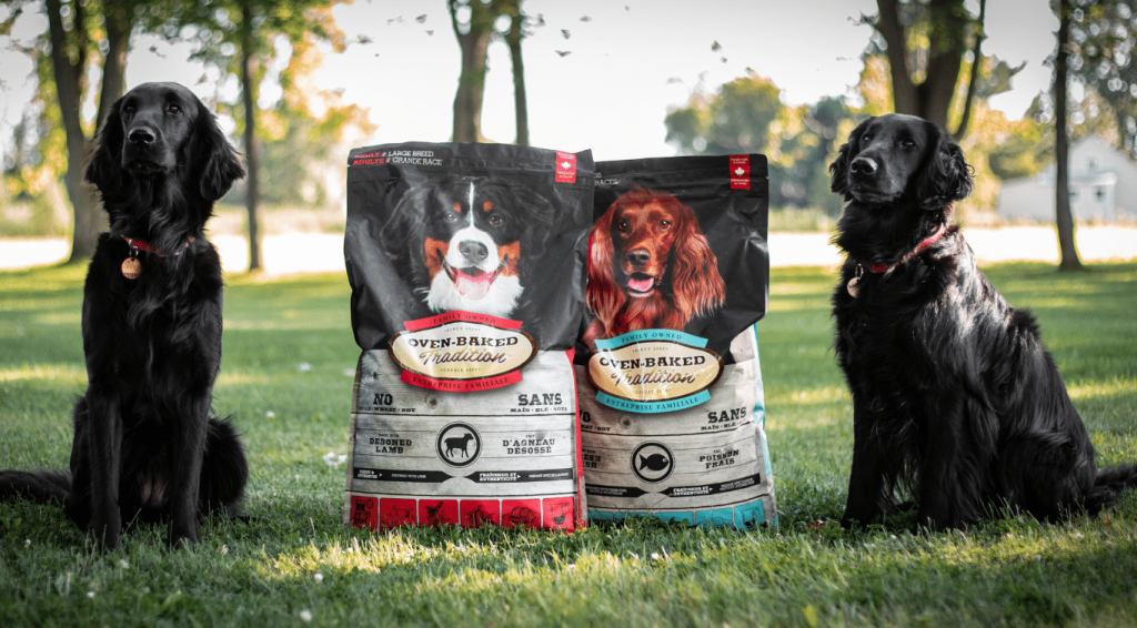 Two dogs with Oven-Baked Tradition hypoallergenic dog food bags