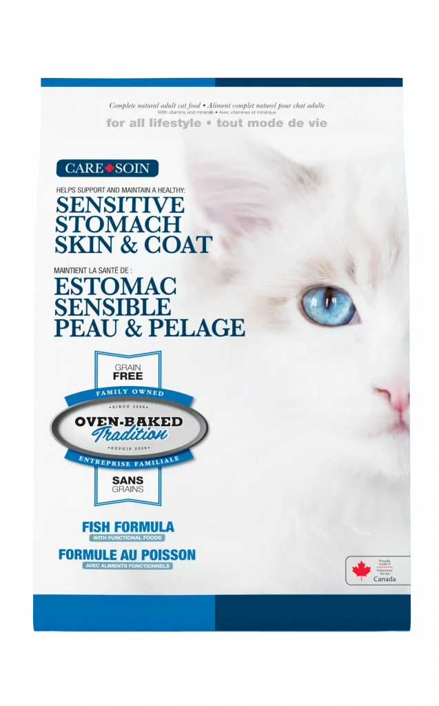 Grain-free adult cat food with fresh fish for sensitive stomach and healthy coat – Oven-Baked Tradition.