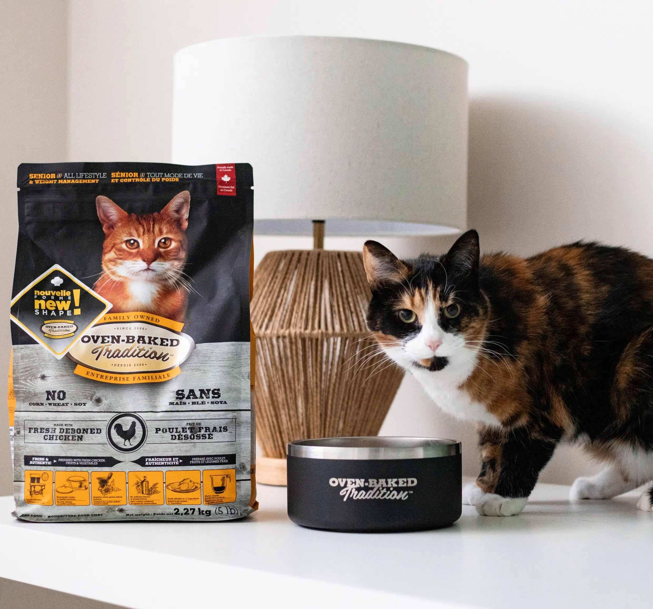Obésité et diabète chez le chien et le chat 3 Chat adulte à côté d’un sac de croquettes Oven-Baked Tradition Poulet frais désossé et d’un bol, illustrant une alimentation saine et équilibrée pour le bien-être animal.