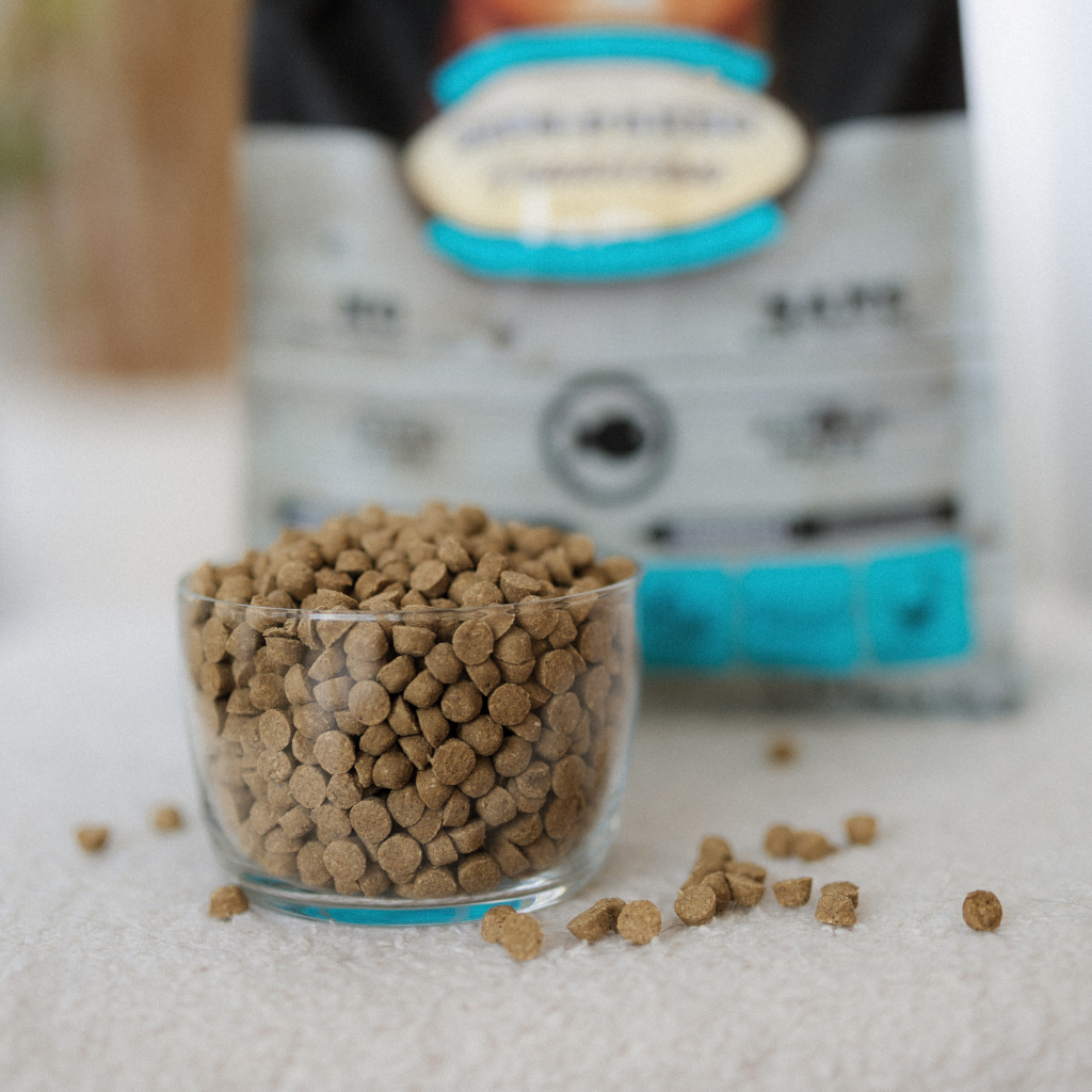 Hypoallergenic or chicken-free? 12 Close-up of Oven-Baked Tradition hypoallergenic dog food kibble in a glass bowl, with the product bag blurred in the background.