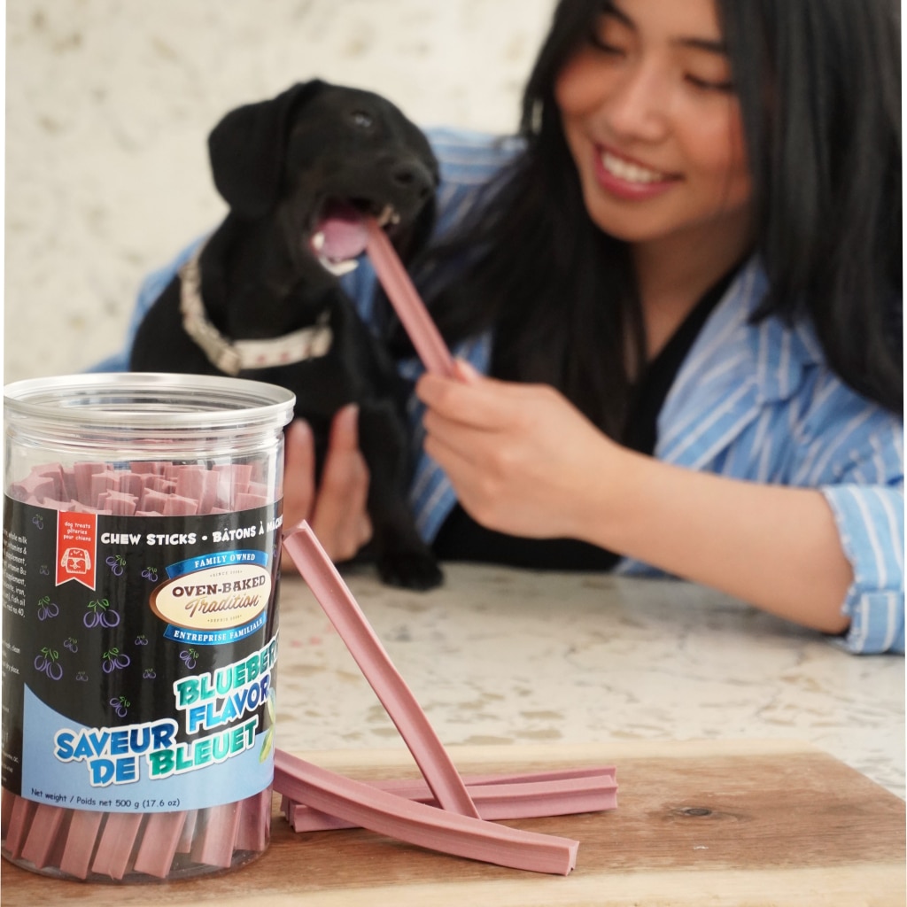 Dog chewing an Oven-Baked Tradition dental stick to clean its teeth