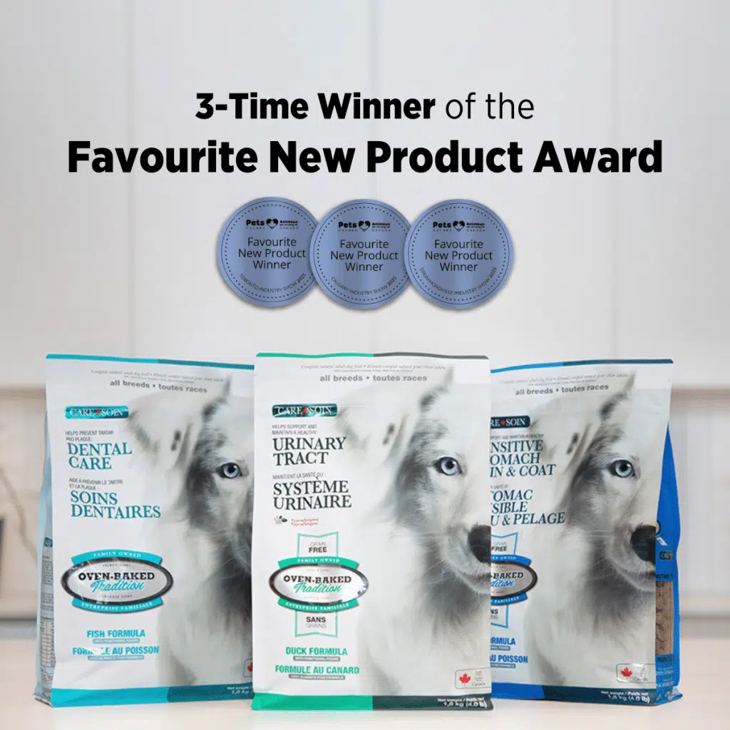Three bags of Oven-Baked Tradition Care preventive dog food for urinary, dental, sensitive stomach, and coat health โ Pets Canada 2025 award winner