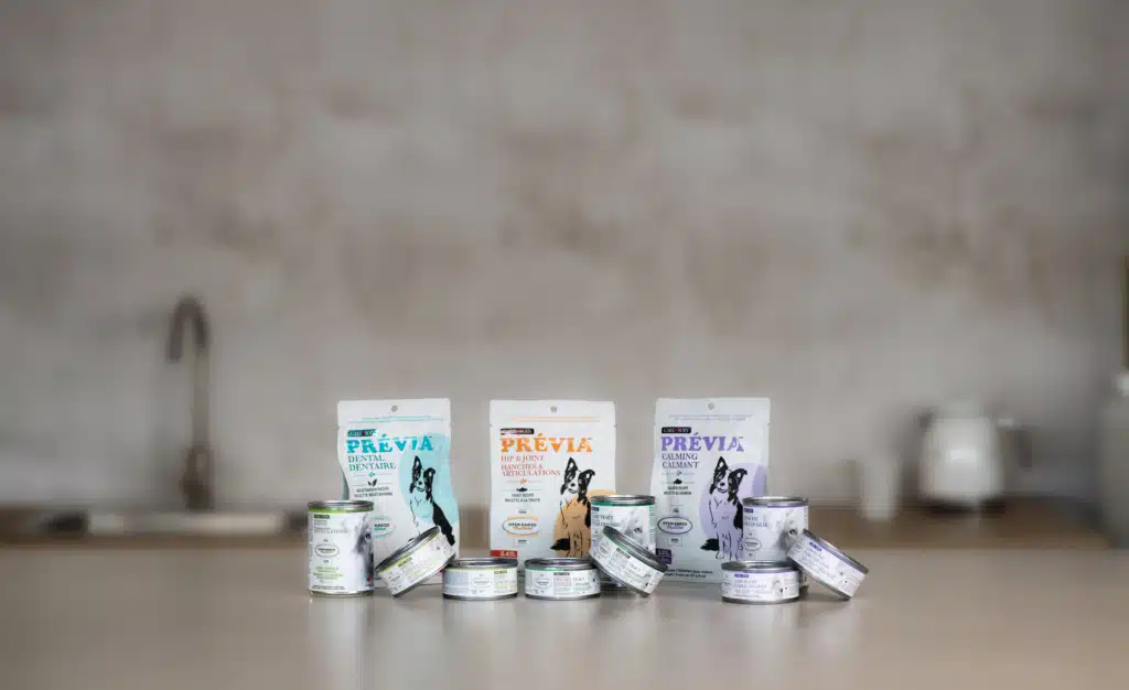 New Care products for dogs and cats featuring Previa functional treats and specialized Care wet food recipes from Oven-Baked Tradition, proudly Canadian
