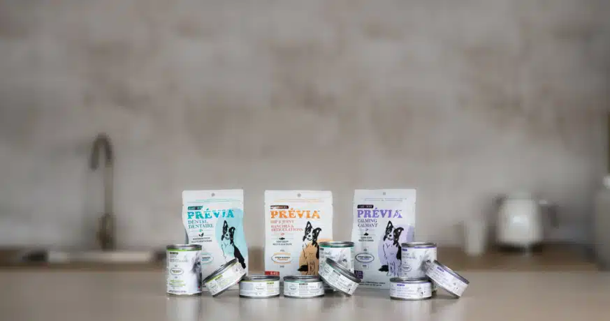 New Care products for dogs and cats featuring Previa functional treats and specialized Care wet food recipes from Oven-Baked Tradition, proudly Canadian