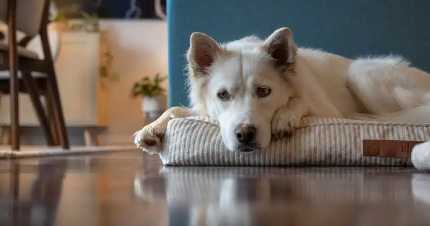 Chien anxieux couché sur son lit après un changement de routine lié à la rentrée scolaire