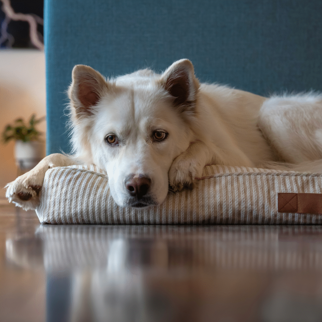 Chien anxieux couché sur son lit après un changement de routine lié à la rentrée scolaire