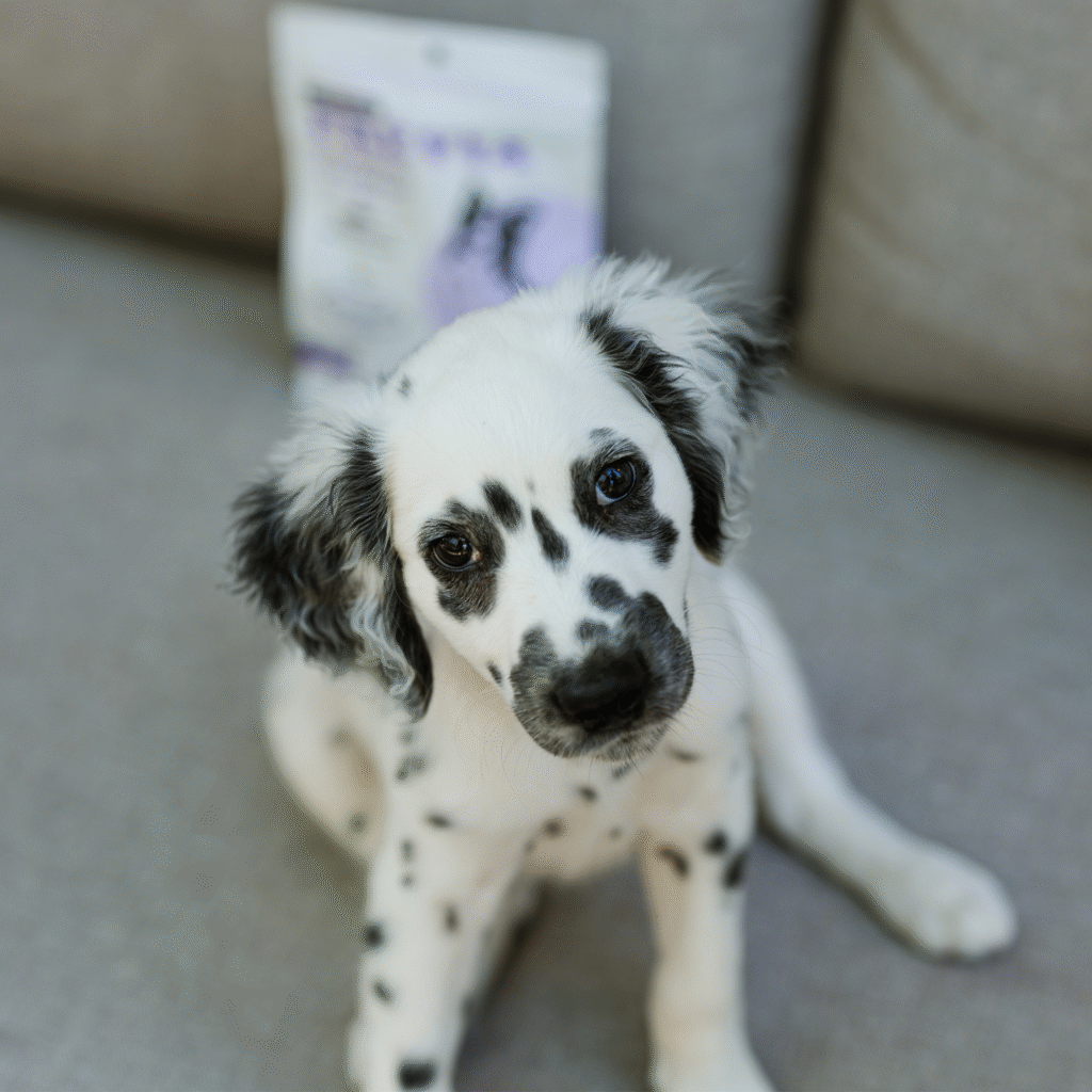 Chien assis sur un divan avec un sac de gâteries Prévia Calmant pour accompagner le stress et l’anxiété lors des changements de routine