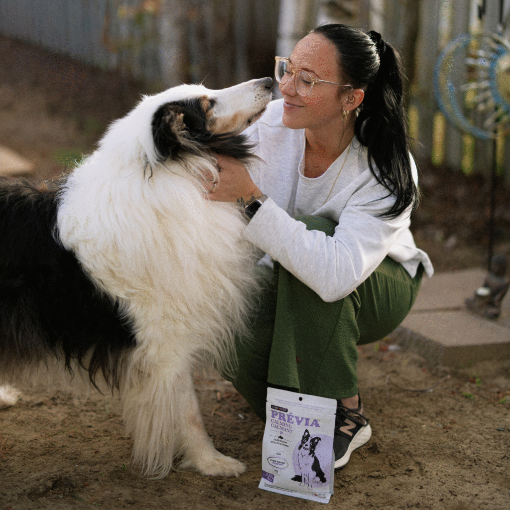 Femme qui retrouve son chien après le travail et joue avec lui à l’extérieur avec les gâteries Prévia Calmant