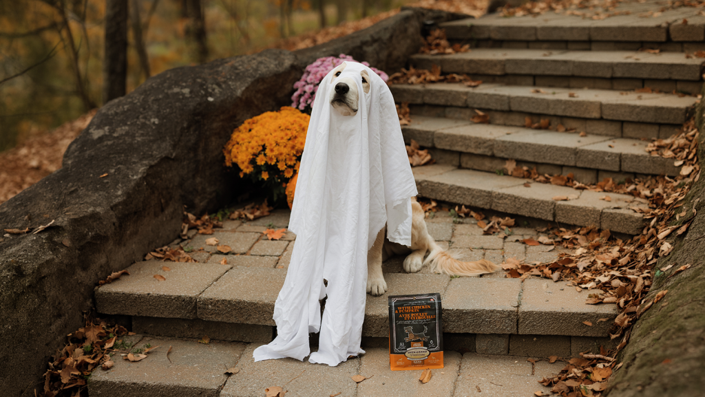 Chien déguisé en fantôme pour l’Halloween à côté d’un sac de gâteries au poulet et à la citrouille.